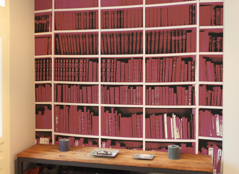 Papier peint Trompe l'oeil BIBLIOTHEQUE Fushia